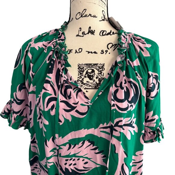 Philosophy Tie Neck Floral Blouse Top Short Ruffle Sleeves Sz Large Green Pink - Picture 6 of 9